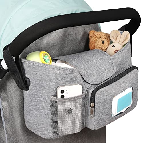 Accmor Universal Stroller Organizer with Insulated Cup Holder, Stroller Caddy Bag Accessories, Stroller Cup Holder Organizer for Uppababy Baby Jogger Britax Stroller, Grey