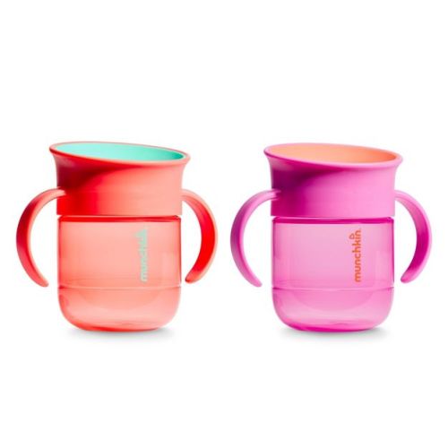 Munchkin 7oz Plastic Miracle Spoutless Spill-Proof Sippy Cups with Handles, Slow Flow - 2pk - Coral/Purple