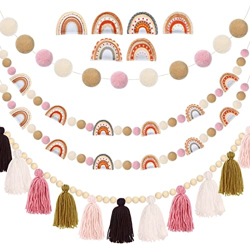 Tatuo 4 Pcs Boho Tassel Garland Rainbow Pom Pom Garland Wall Hanging Decor | Pastel Tassel Boho Classroom Decor Felt Colorful Balls Garlands for Back to School Supplies Girl Bedroom Nursery Birthday