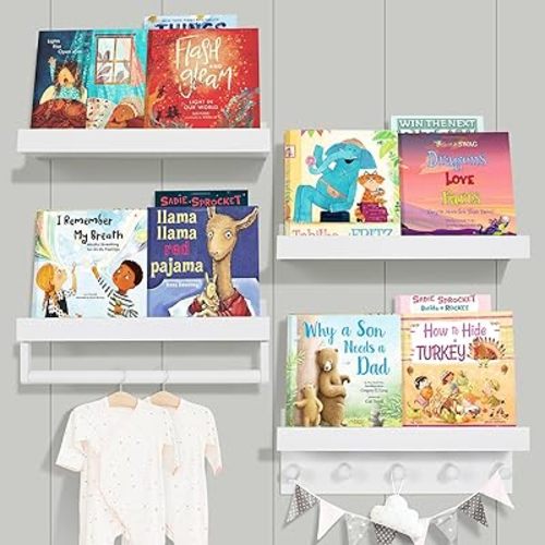 Ollieroo Set of Four Floating Book Shelves for Wall, Nursery Book Shelf for Kids Room, Bamboo Wood Hanging Bookshelf for Baby Teen Boys Girls, Wall Mounted Shelves for Bedroom Bathroom Decor(White)