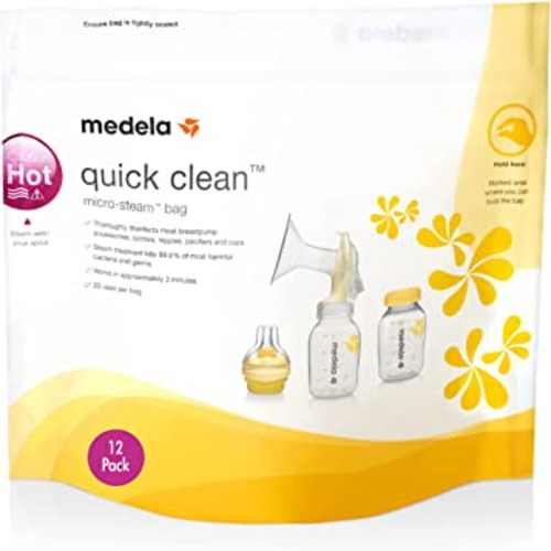 Medela Quick Clean MicroSteam Bags, Sterilizing Bags for Bottles Breast Pump Parts Eliminates 99.9 of Common Bacteria Germs Disinfects Most Breastpump Accessories, Yellow, 12 Pack