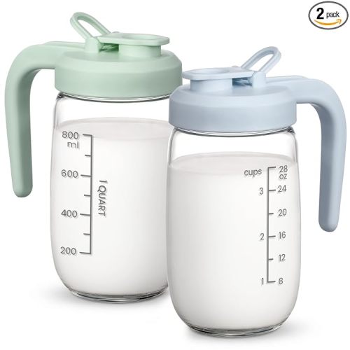 2 Pack Breast Milk Pitcher 32 OZ, Heat & Cold Resistant, Sudden Temperature Safe, Fast Baby Formula Maker with Wide Mouth, No Leak Glass Fridge Storage Container for Juice, Cold Brew-Blue, Green