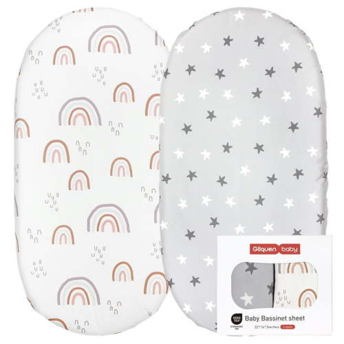 Gllquen Baby Gray and White Bassinet Fitted Sheet Set, 2 Pack, for Newborn Infant Girls or Boys Nursery Bedding Mattresses Cover, Twinkle and Rainbows