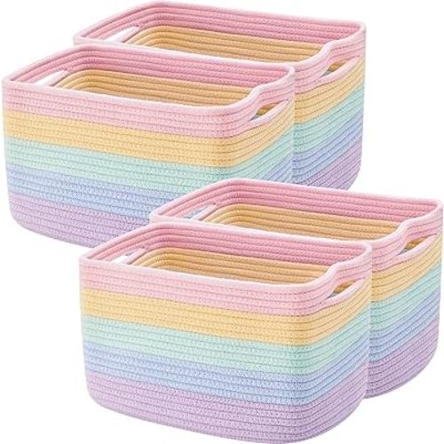 Set of 4 Rainbow Rope Basket for Shelves Woven Rectangle Storage Basket Bins for Nursery Toy Storage for Baby Girl