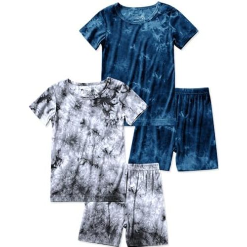 Jimonda Kids Soft Rayon From Bamboo Sleepwear Short Sleeve Boys Girls Pajama Outdoor 4-Piece tops&shorts Casual sets Tie PJ