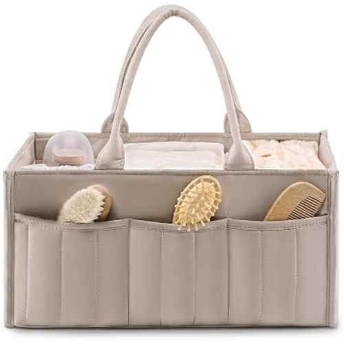 Quilted Diaper Caddy Organizer with Handle, Light Khaki Nursery Basket