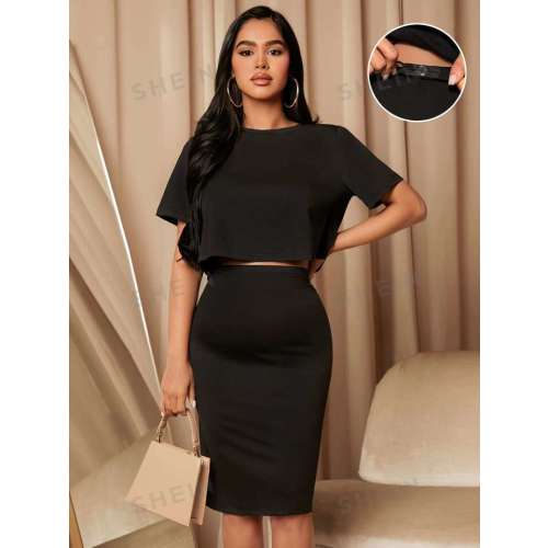 SHEIN Maternity Solid Crop Top & Adjustable Waist Skirt Set
