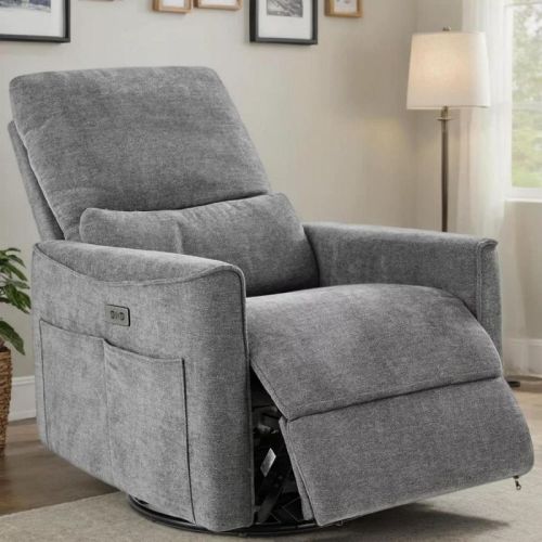Dyonery Power Swivel Rocker Recliner, Grey Fabric Small Reclining Sofa with USB/Type-C Ports,Glider Nursery Chair with Lumbar Support