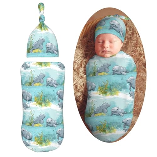 Muishi Ocean Florida Manatee Newborn Swaddle Blankets Hat Sets Soft Baby Receiving Blanket Swaddle Sack for Baby Shower Infant Boy Girl Gift