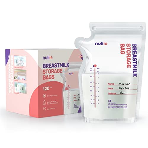 Nuliie 120 Pcs Breastmilk Storage Bags, 8 OZ Breast Milk Storing Bags, BPA-Free, Milk Storage Bags with Pour Spout for Breastfeeding, Self-Standing Bag, Space Saving Flat Profile