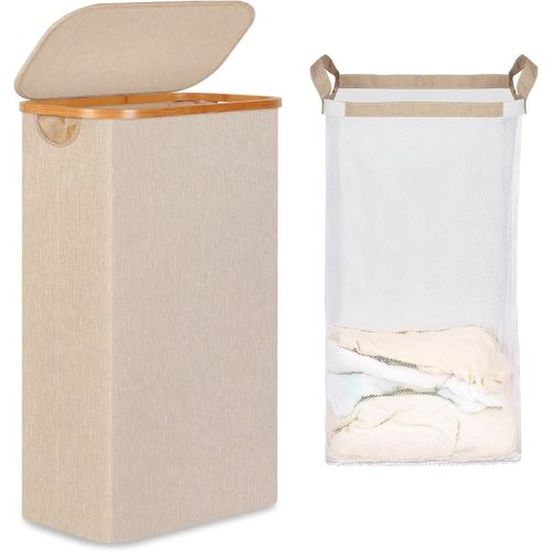 iEGrow 65L Slim Laundry Hamper, Narrow Laundry Basket with Lid,Foldable Clothes Hamper with Bamboo Handles,Hamper Basket with Removable Inner Bag for Laundry Room Bedroom College Dorm,Oatmeal