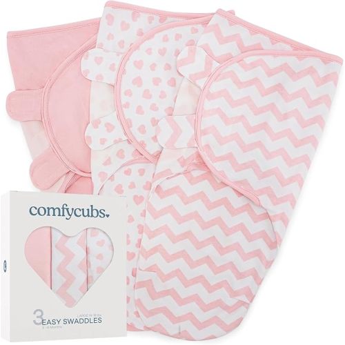 Comfy Cubs Easy Swaddle Blanket, 3 Pack - 100% Cotton Newborn Wrap, Large for 3-6 Months Infants, with Adjustable Velcro, Breathable and Durable Sleep Sack for Babies - Pink