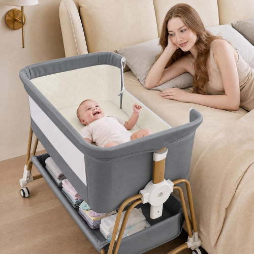 PRVAETU 4-in-1 Baby Bassinet, Adjustable Bedside Sleeper, Mesh, Grey