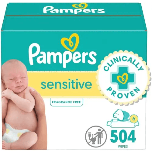 Pampers Baby Wipes Sensitive, Water Based Hypoallergenic and Unscented 504 Total (6 Flip-Top Packs)
