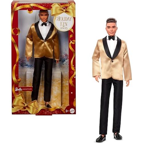 Barbie Signature 2025 Holiday Light Brown Hair Ken Collectible Fashion Doll Wearing Full Suit with Golden Jacket in Displayable Packaging & Doll Stand