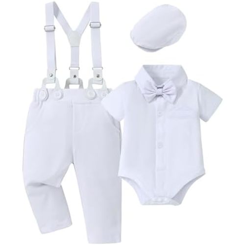 WESIDOM Baby Boy Clothes Suit 0-24M Infant Gentleman Wedding Outfit, Shirt+Bowtie+Beret+Suspender Pants Clothing Set