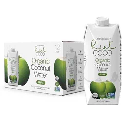 Real Coco Organic Pure Coconut Water 500mL, 100% USDA Organic Coconut Water, Packed with Electrolytes, Dairy/Soy Free, Vegan, Plant Based (12-pack, 500mL)