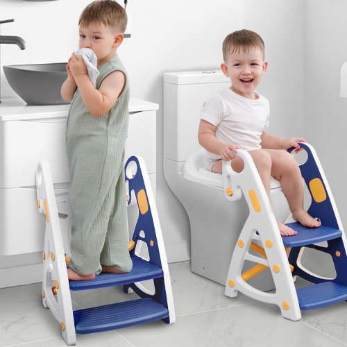 Primlect Potty Training Toilet Seat, 2 in 1 with Ladder, Adjustable Height ,for Ages 1-7, Blue