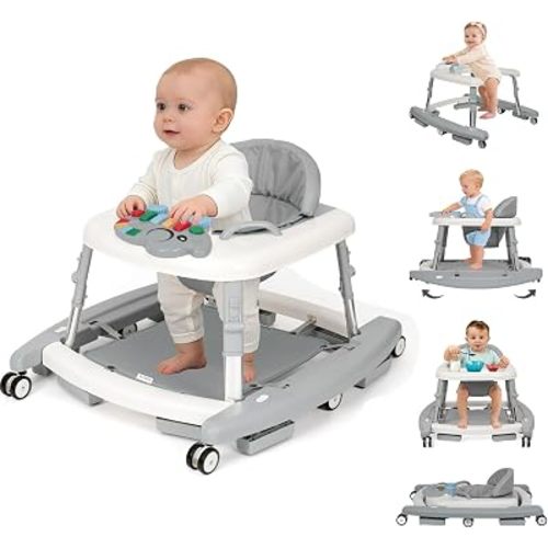 5-in-1 Baby Walker for Boys and Girls Music and Lights 6-18 Months, Foldable Baby Walkers with 5 Adjustable Heights, Infant Toddler Walker with Wheels and Combo Portable（Grey）