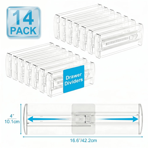 14 Pack Adjustable Drawer Dividers for Clothes, 4" High Expandable from 10.2"-16.6" Clear Bedroom Dresser Drawer Organizer