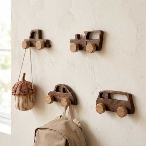 Black Walnut Wood Car Wall Hook, Montessori Nursery Decor