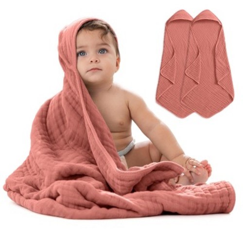 Comfy Cubs Hooded Baby Towels 2 Pack - 6 Layer, 100% Muslin Cotton - Large 32" x 32" - Dusty Rose