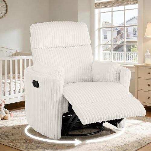 Oversized Swivel Rocking Chair, Manual Large Rocker Recliner Chairs for Adults, Corduroy Nursery Glider Barrel Chair with 2 Pillows, Wide Recliner for Living Room, Bedroom, Nursery, White