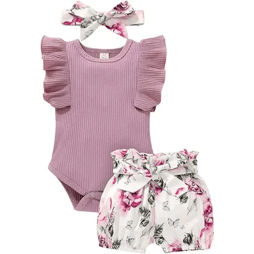 Tiny Cutey Baby Girl Clothes Infant Summer Outfits Set Ruffle Sleeve Romper and Floral Shorts with Headband