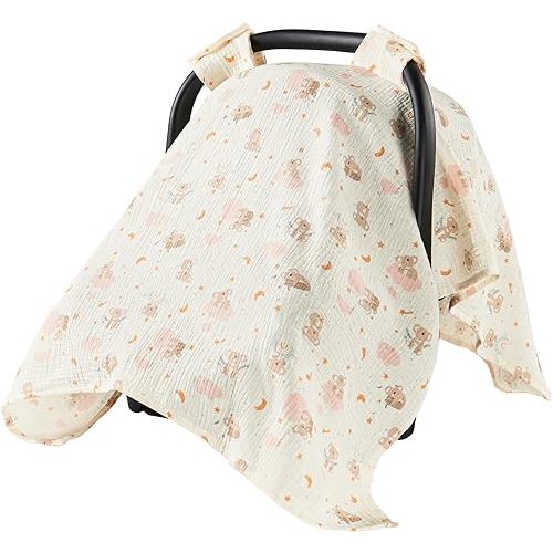 100% Muslin Cotton Car Seat Cover for Baby, Breathable Soft Car Canopy & Sunshade, Universal Infant Carseat Cover, Lightweight Summer Stroller Cover for Boys Girls - Koala