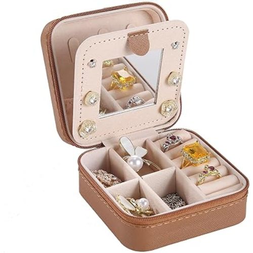KElofoN Travel jewelry case Travel jewelry box Travel Jewelry Organizer Small Jewelry Organizer Box Gift for Girls Women with Mirror(Coffee)