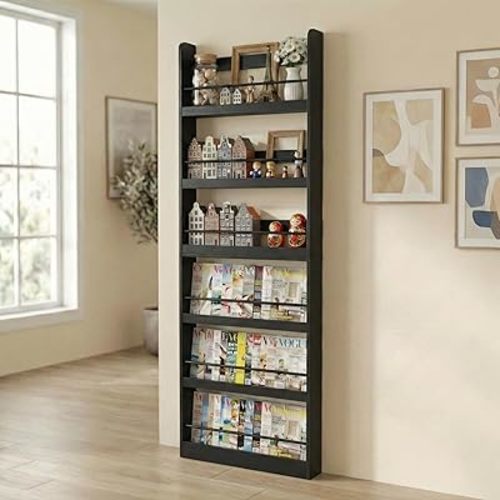holzart 6-Tier Wall Mounted Bookshelf, 75.4" Tall Behind the Door Storage Shelf, Slim Narrow Display Rack with Guardrails for Magazines, Books & Collectibles, Black Wall Shelf for Office, Living Room