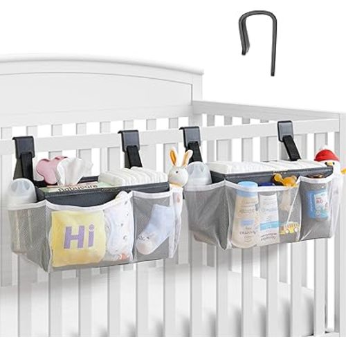 2-Pack Hanging Diaper Organizer for Crib, Playpen, Bassinet | Hold 50+ Diapers, Baby Diaper Caddy for Changing Table, Washable Newborn Essentials Organizer with Hook Straps, Ideal Baby Shower Gifts