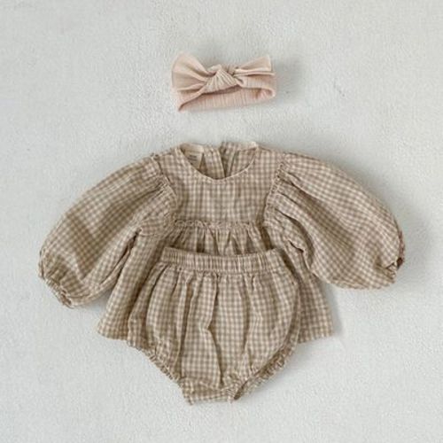 MyKids-USA Baby Girl Plaid Pattern Loose Blouses WIth Shorts Headband 3 Pieces Sets