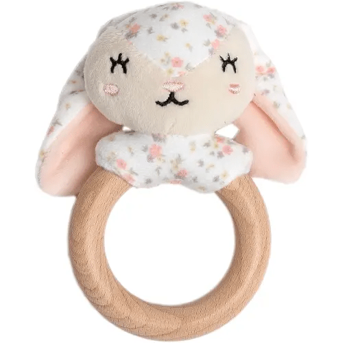 Pearhead Floral Bunny Wooden Baby Teething Ring, Soft Plush Animal Lovey Toy, Natural Safe Wood Infant Rattle Teether for Teething Discomfort, BPA-Free Newborn Teething Relief Ages 0m+