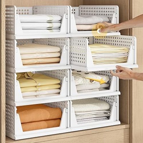 Pinkpum 5 Pack Stackable Plastic Storage Closet Organizers and Storage Bins Drawer Shelf Storage Container for Wardrobe Cupboard Kitchen Bathroom Office White