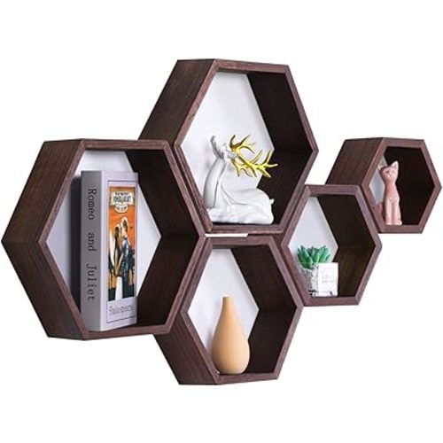 PHOENANCEE Hexagon Floating Shelves,Wall Mounted Wood Farmhouse Storage Honeycomb Wall Shelf Set of 5,for Bathroom, Kitchen, Bedroom, Living Room,Office,Driftwood Finish (Walnut)
