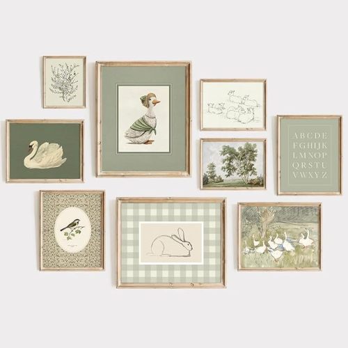 Vintage Nursery Wall Art Decor Baby Room Prints Sage Green Nursery Wall Decor Goose Duck Pictures Kids Poster Bunny Artwork Toddler Girl Painting for Gallery Bedroom 8x10 Inch Unframed Set of 9