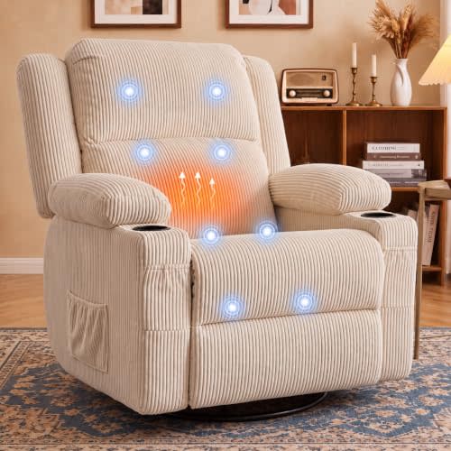 Swivel Rocker Recliner, Heat & Vibration Massage, USB Port | Oversized Manual Glider Recliner with Heat and Vibration Massage,USB Port,Cup Holders,400 lb Capacity,Beige