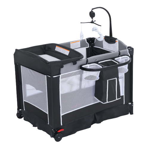 AILEEKISS 4-in-1 Portable Baby Play Yard, Bassinet and Changing Table, Dark Grey