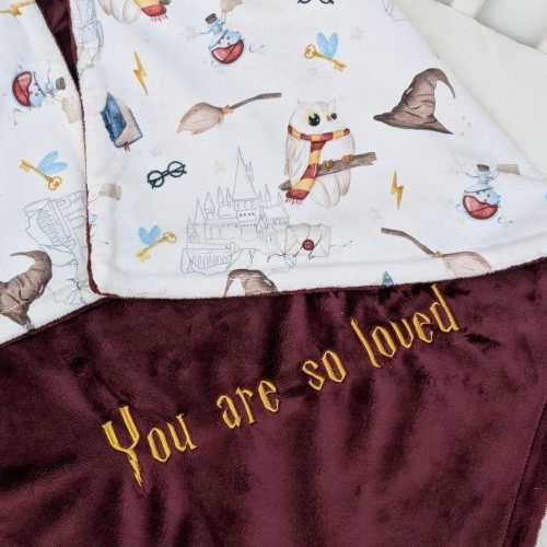 personalized wizard blanket, custom little wizard swaddle, school of magic gift, white owl mail, harry wizarding school, hp nursery