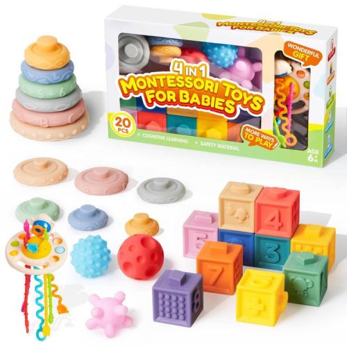 Joyin Toddler Toys 6-12 Months - 20PCS Montessori Toys for Toddlers Baby Blocks Pull Strings & Sensory Balls, Toddlers Baby Toys