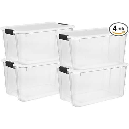 Sterilite 4 Pack Ultra Latching Box, Storage Bins with Lids, Clear Plastic, 70 Quart - Heavy-Duty Organizing Containers for Closet, Bathroom, and Office