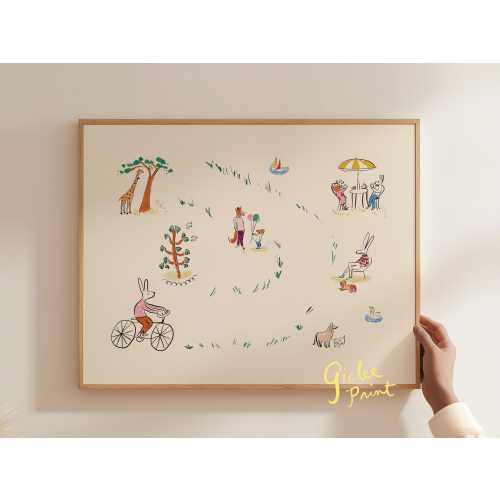 Bemelman Inspired Giclee Print | Hand Drawn Scene Toile Gouache Museum Quality Nursery Art | Nesting Gift