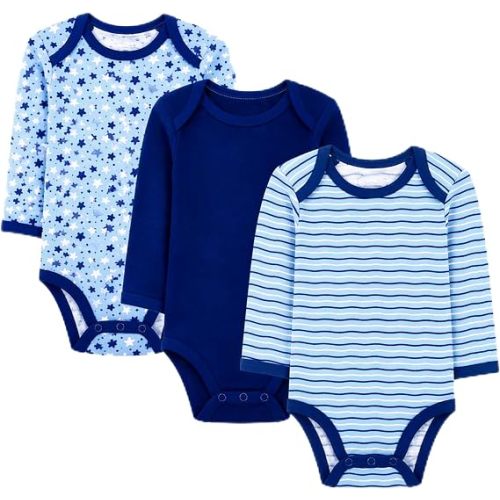 123 Bear Baby Long-Sleeve Bodysuits Boy Girl, Blue Variety, Newborn