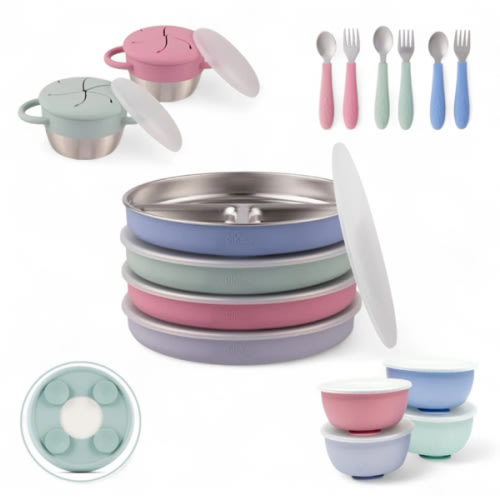 Stainless Steel Mealtime Bundle | Sucton Sleeves | Plates, Bowls, Snack Cups + Toddler Utensils | 16 Pcs | Blush/Lilac/Sage/MistyBlue