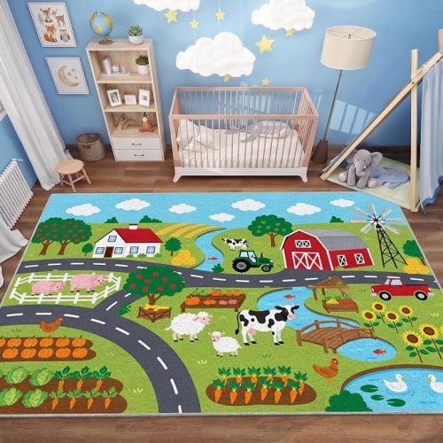 Countryside Farm Animal Cartoon Area Rug for Kids, Playroom Rugs, 4' x 6'
