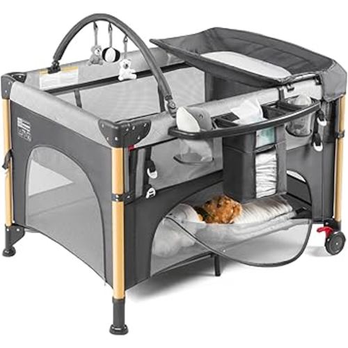 Baby Bassinet Bedside Crib with One-Hand Setup 5-in-1 Foldable Pack n Play for Travel, Portable Baby Bassinet with Diaper Changer & Adjustable Mattress for Newborn to Toddler (Grey)