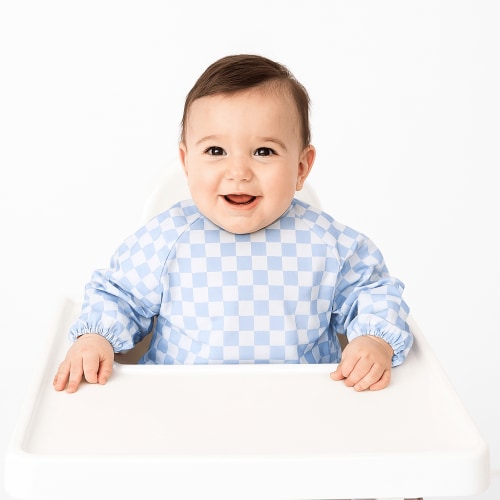 Smock Bib for Baby & Toddler Long Sleeve (Blue Checkers)