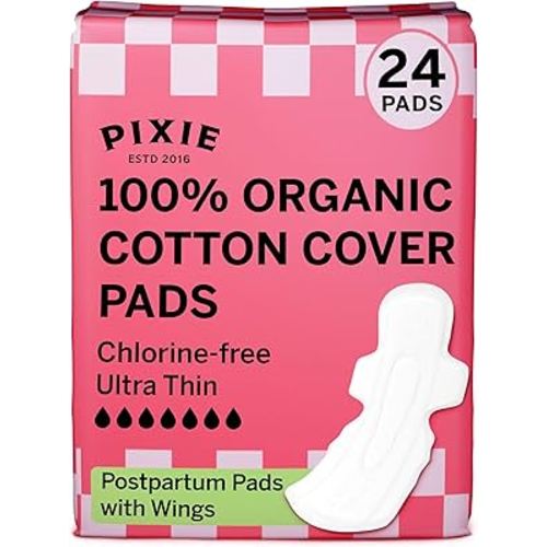 Pixie Cup Organic Cotton Ultra Thin Postpartum Pads for Women - Extra Heavy Absorbency with Wings - Leak-Proof, Hypoallergenic & Unscented for Feminine Care - Compostable, Biodegradable - 24 Count