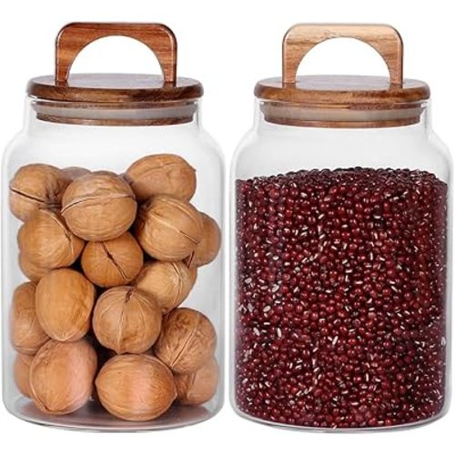 SAIOOL Canister Set of 2, Glass Kitchen Canisters with Airtight Acacia Lid, Tall Clear Airtight Food Storage Jar, Kitchen Pantry Storage Container for Noodles Flour Cereal Coffee